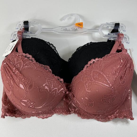 Rene Rofe Lingerie Extreme Push Up Lace Detail Bras 2 pack 36C NEW Black Pink - Picture 12 of 12